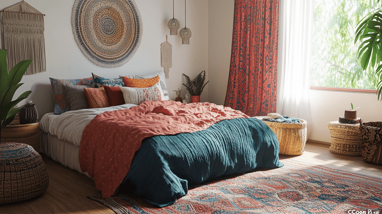 Barvy a textilie v boho ložnici: Harmonické a teplé